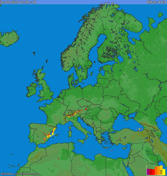 Mappa dei fulmini Europa 16.09.2026 (Animazione)
